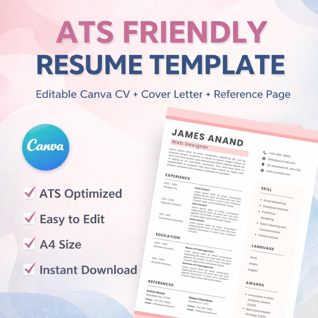 Editable ATS Resume Template in Canva | Professional CV With Cover ...