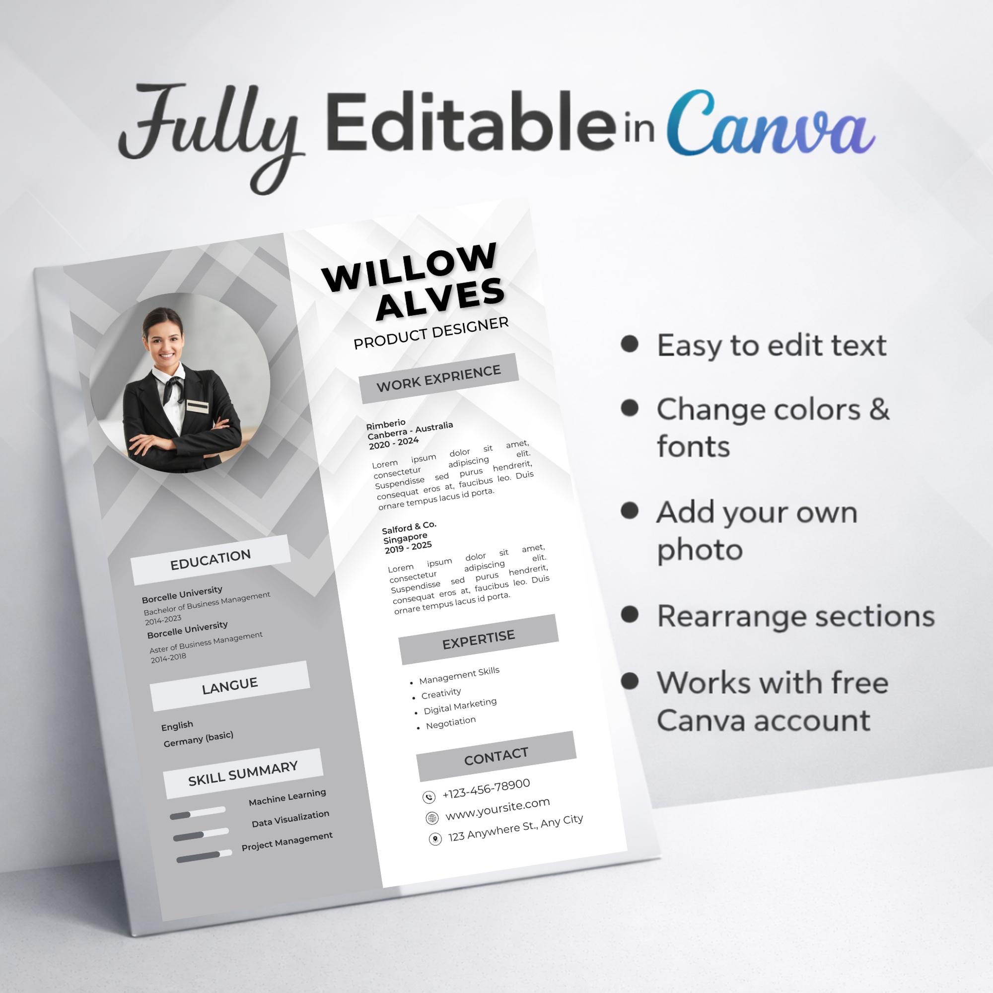 Modern Resume Template | Canva Editable CV | ATS Friendly Professional ...