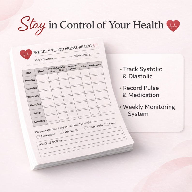Blood Pressure Log Book Printable, BP Tracker PDF, Weekly Health ...