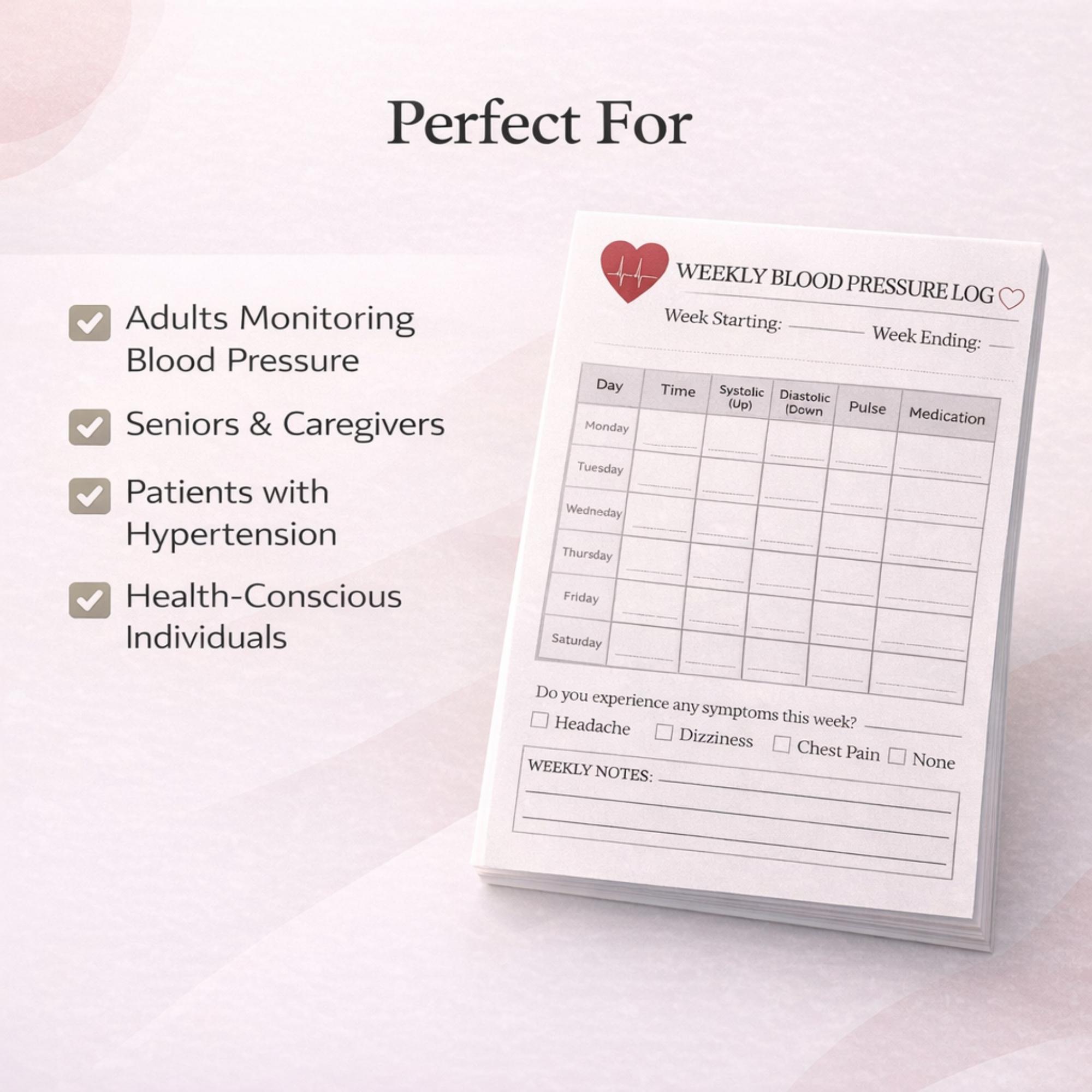 Blood Pressure Log Book Printable, BP Tracker PDF, Weekly Health ...