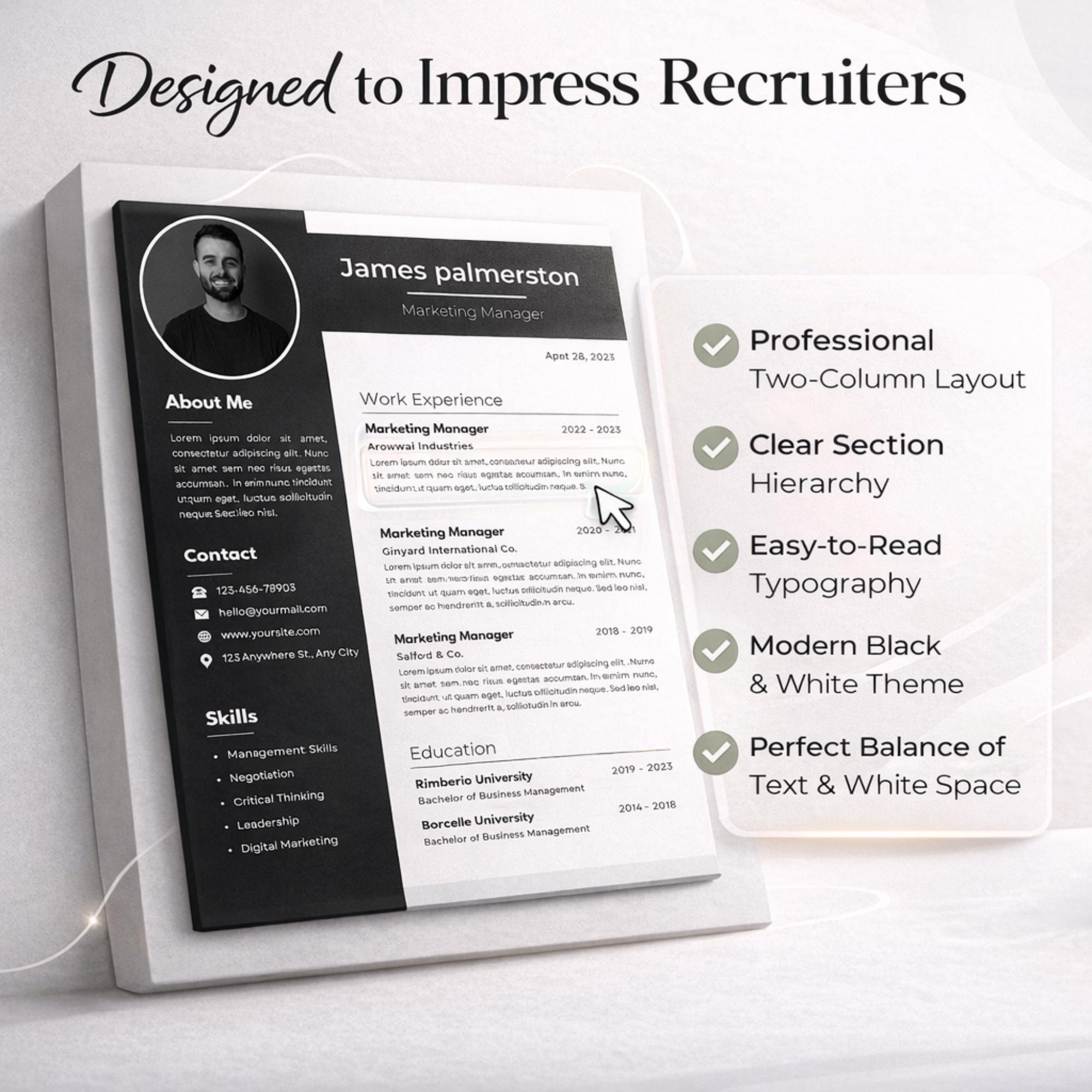 Professional Resume Template Canva | Matching Cover Letter | ATS ...