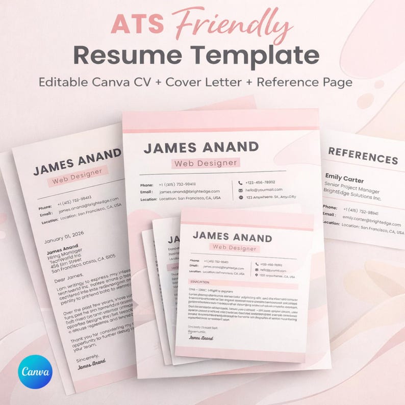 Editable ATS Resume Template in Canva | Professional CV With Cover ...