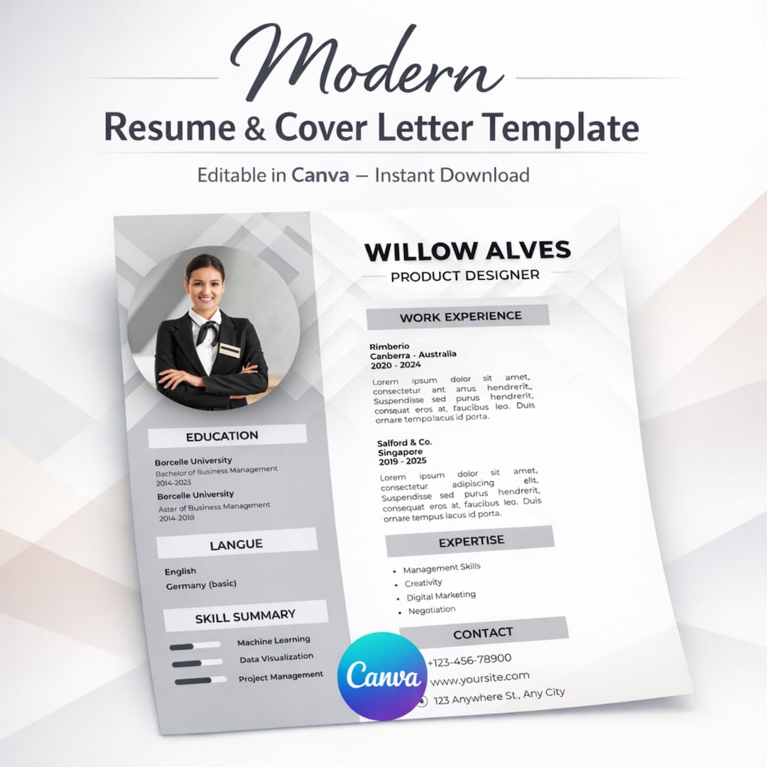 Modern Resume Template | Canva Editable CV | ATS Friendly Professional ...
