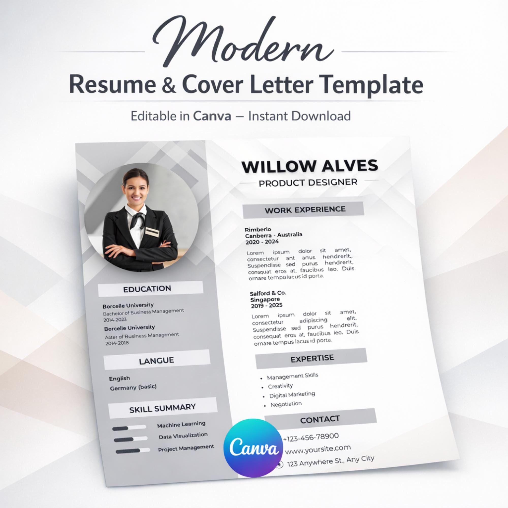 Modern Resume Template | Canva Editable CV | ATS Friendly Professional ...