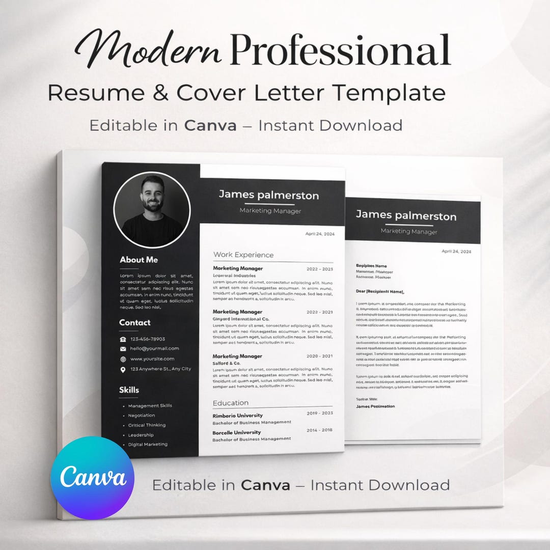 Professional Resume Template Canva | Matching Cover Letter | ATS ...