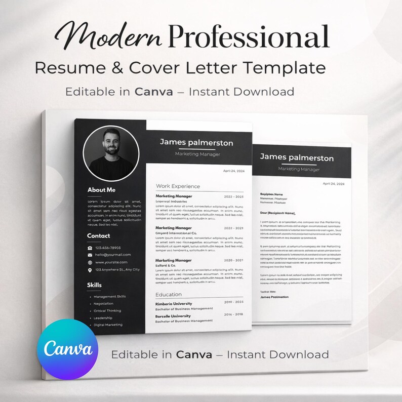 Professional Resume Template Canva | Matching Cover Letter | ATS ...