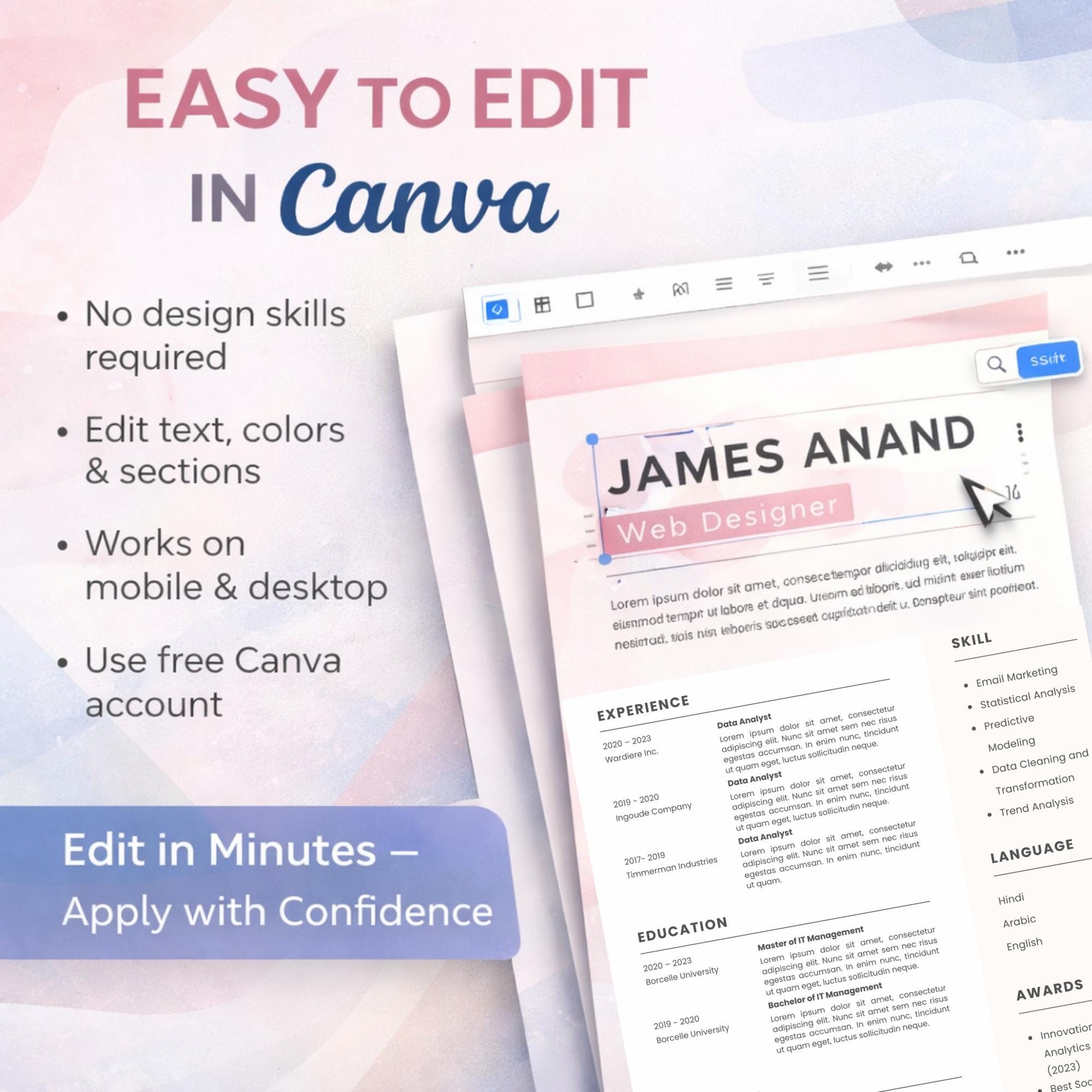 Editable ATS Resume Template in Canva | Professional CV With Cover ...