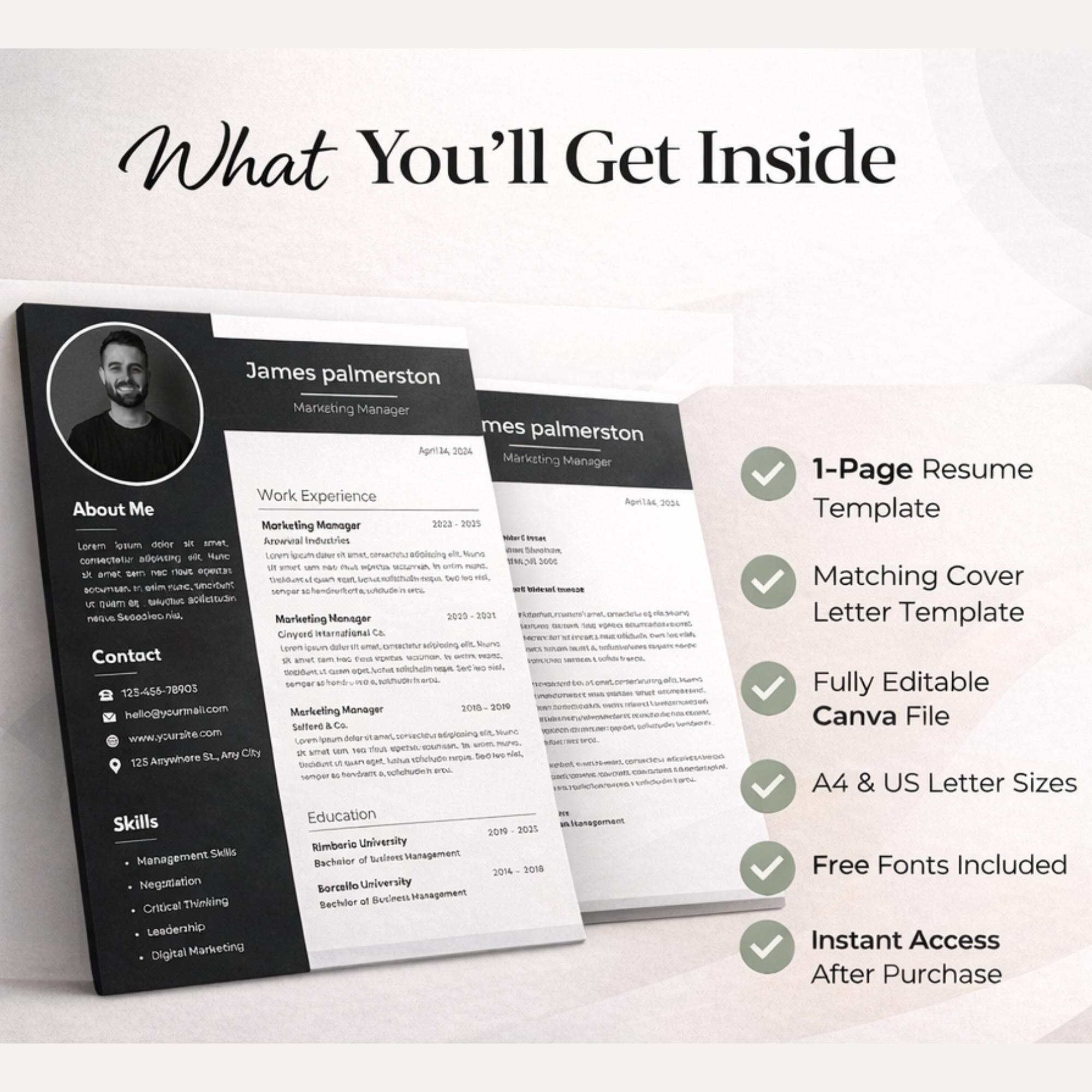 Professional Resume Template Canva | Matching Cover Letter | ATS ...