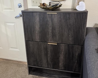 31.5 Inch Walnut Shoe Storage Cabinet Entryway Narrow Fluted Slim Shoe Rack decor