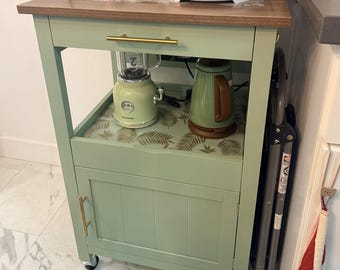 Rolling Kitchen Island Cart, Forest Green Storage Cabinet With Drawer, Sliding Tray, Power Outlet