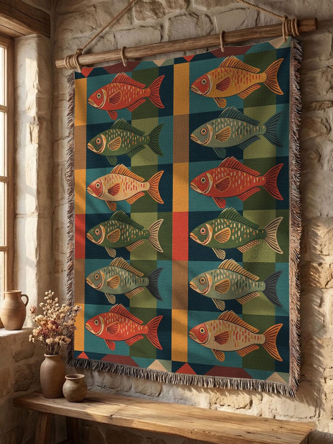 Folk Fish Patchwork Quilt Tapestry, Nautical Lake House Wall Hanging ...