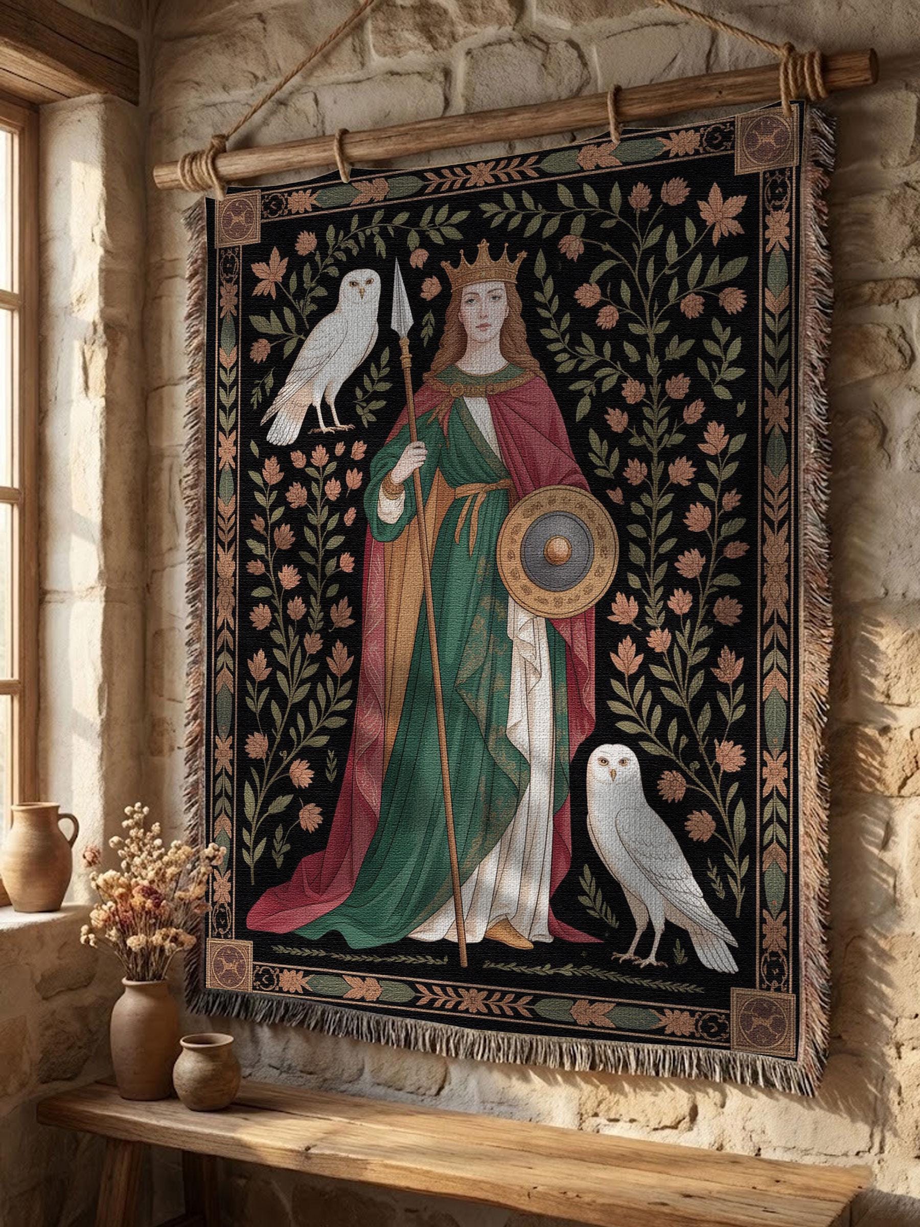 Warrior Goddess Athena Woven Throw Blanket, Greek Mythology Owl Tapestry, Medieval Queen Wall Hangin