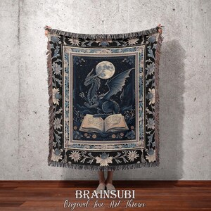 Blue Dragon Moon Woven Blanket, Dark Academia Tapestry Throw, Celestial Fantasy Dragon Blanket, Gothic Cottagecore Decor Gift