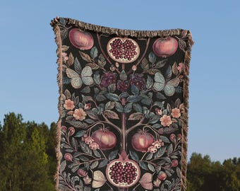 Manta tapiz botánica con frutas – Manta tejida con granada y flores, manta de naturaleza vintage, tapiz de pared estilo cottagecore, decoración inspirada en el jardín.