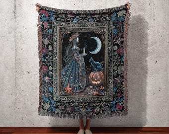 Dark Gothic Witch Blanket, Blue Witch Tapestry, Black Cat Moon Art, Dark Academia Decor, Halloween Witch Throw