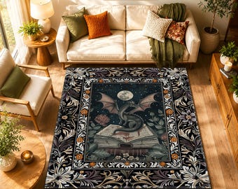 Dragon Book Area Rug, Dark Academia Dragon Carpet, Gothic Fantasy Home Decor, Celestial Moon Dragon Rug, Witchy Library Aesthetic Rug