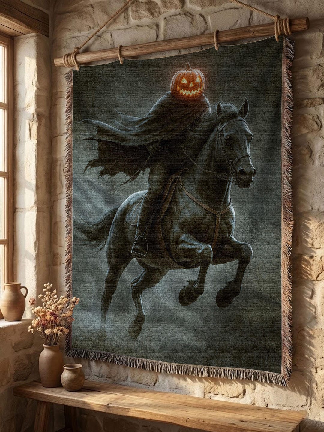 Spooky Headless Horseman Woven Blanket, Ghostly Horseman With Pumpkin ...