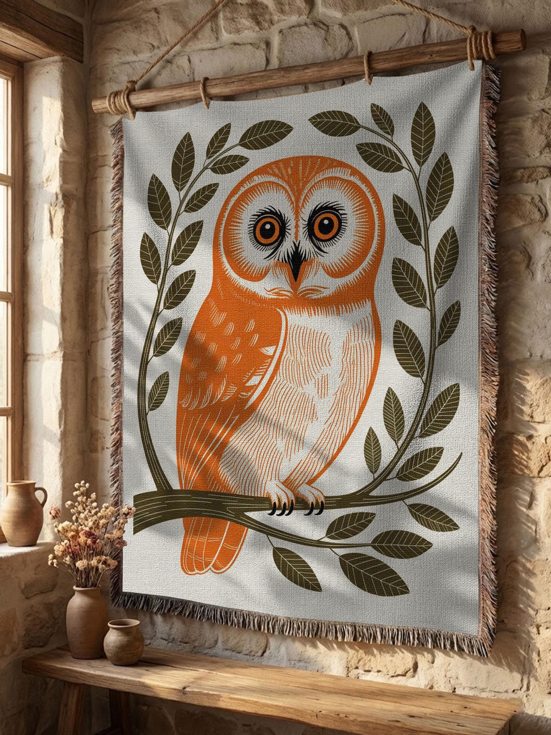 Owl Folk Art Woven Blanket, Woodland Owl Tapestry, Vintage Nature Wall Art, Cozy Cottagecore Home De