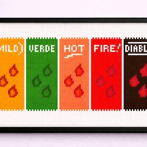 Puede incluir: Arte de punto de cruz enmarcado con seis paneles verticales. Cada panel muestra un nivel de picante, de "(MILD)" a "DIABLO", con iconos de llamas. La obra de arte está en un marco negro.