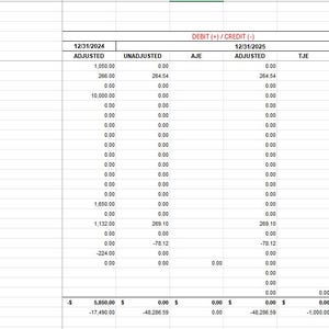 May include: A spreadsheet titled "2025 Tax Workpapers" with financial data. Columns include "Adjusted," "Unadjusted," and "Tax Return." Rows detail various expense categories like "Office supplies," "Internet," and "Telephone," with corresponding numerical values.