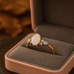 May include: A gold ring featuring an oval opal centre stone, with two smaller blue gemstones and small diamonds. The ring is presented in a pink jewellery box with a grey interior. The ring's band has a twisted design.