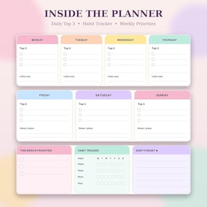 Può includere: Una pagina di pianificazione settimanale intitolata INSIDE THE PLANNER con sezioni per i 3 obiettivi principali giornalieri, il monitoraggio delle abitudini e le priorità settimanali. Presenta intestazioni pastello colorate e caselle di controllo.