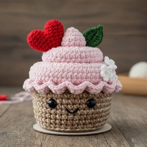 Könnte beinhalten: Ein handgehäkelter Cupcake mit einem lächelnden Gesicht, rosa Zuckerguss, einem roten Herz, einem grünen Blatt und weißen Blumen. Der Cupcake steht auf einer Holzoberfläche und zeigt sein skurriles Design.