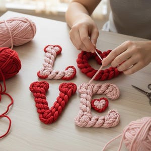 Peut inclure: Projet artisanal en cours, avec le mot "LOVE" épelé avec de la laine tressée rouge et rose. Les lettres sont disposées sur une surface claire, avec des pelotes de laine et des outils de bricolage à proximité. Une pièce en forme de cœur est en cours de création.