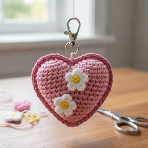 Peut inclure: Un porte-clés en forme de cœur rose crocheté avec deux appliqués de fleurs blanches et jaunes. Le porte-clés a un fermoir et un anneau de couleur argentée. Le cœur est fait de fil texturé et a une bordure rose plus foncée.