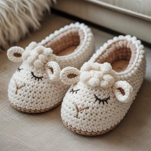 Puede incluir: Un par de zapatillas de crochet blancas hechas a mano con forma de oveja. Las zapatillas tienen detalles beige en las orejas, la nariz y las suelas, con pestañas bordadas en negro. El interior es de color marrón claro. Ideales para uso en interiores.