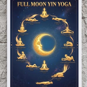 Puede incluir: Un póster enmarcado titulado "Full Moon Yin Yoga" presenta un fondo azul oscuro con una ilustración de media luna. Figuras doradas demuestran posturas de yoga, con texto que indica cada postura y duración. El póster está enmarcado en blanco.