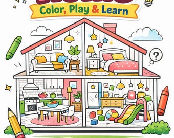 Peut inclure: Un livre de coloriage et d'activités pour enfants intitulé "My Dream Home". La couverture présente une illustration d'une maison avec des pièces et des meubles, et le texte "Color, Play & Learn". Comprend des crayons et un point d'interrogation.