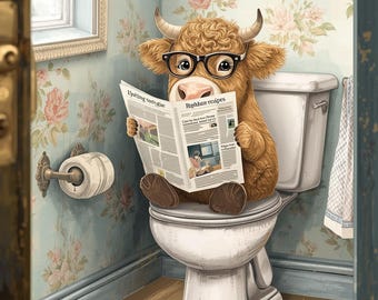 Impresión divertida de vaca de las Tierras Altas para el baño / Arte para el baño leyendo el periódico (descarga digital)