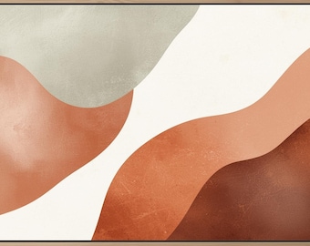Puede incluir: Impresión artística abstracta con formas orgánicas en tonos apagados. La obra de arte muestra formas fluidas en tonos beige, melocotón y marrón sobre un fondo blanco, enmarcada en un borde de madera. El diseño evoca una sensación de calma.