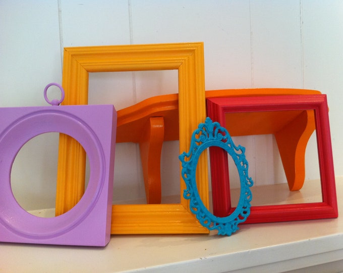 Vintage Frames and Wall Shelf Ledge 5 X 7 Frame Upcycled Painted Frames Funky Home Decor Bright
