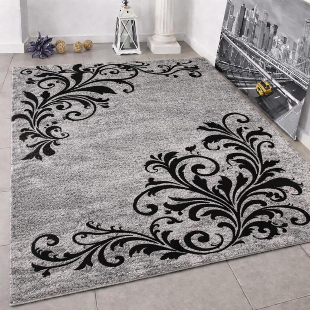 Scroll Rugs Hand Tufted Grey Floral Area Rug, Modern Scroll Carpet - Etsy