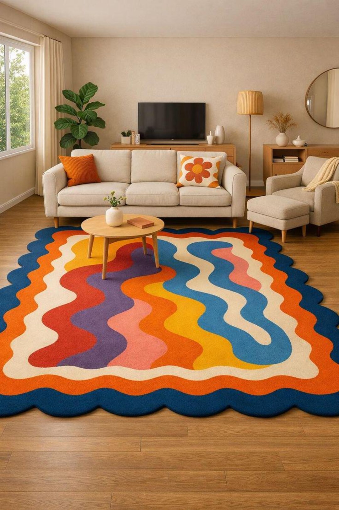 Wool Wave Rug Hand-tufted Wool Wave Rug – Retro Abstract Colorful Carpet - Etsy