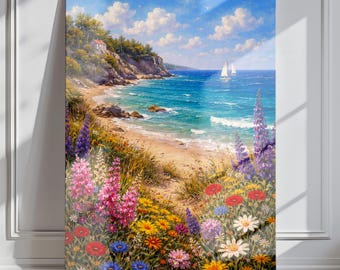 Cuadro decorativo floral costero, decoración de flores de playa, lámina botánica oceánica, arte de pared para el hogar costero, decoración para casas de playa