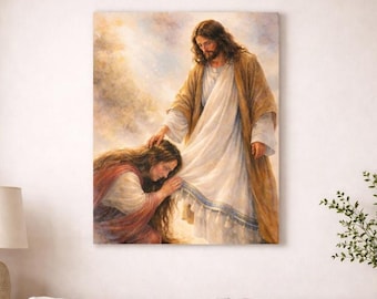 Cuadro decorativo de pared con la imagen de Jesús tocando el dobladillo de su túnica, lámina de sanación por la fe de una mujer tocando el dobladillo, decoración religiosa cristiana.