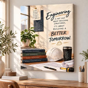 May include: A canvas print featuring the text Engineering is not just about building structures, it's about building a better tomorrow. The image includes a stack of books, a white hard hat, a black tumbler, a pen, and a measuring tape.