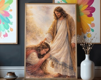 Jesús y la mujer sangrante: lámina digital para pared, imagen imprimible de sanación por la fe, descarga de arte bíblico cristiano.