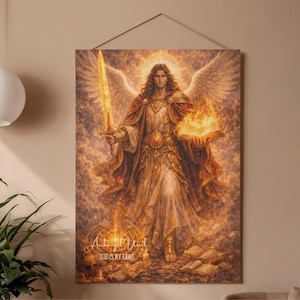May include: A canvas print depicting Archangel Uriel, holding a flaming sword and a burning book. The artwork features a halo, wings, and intricate golden details. The text "Archangel Uriel GOD IS MY LIGHT" is at the bottom.