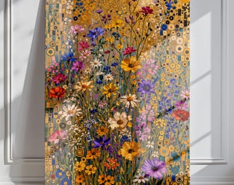 Cuadro de pared con flores coloridas, decoración floral vibrante, pintura botánica, arte mural de naturaleza al estilo Klimt, decoración para encima del sofá.