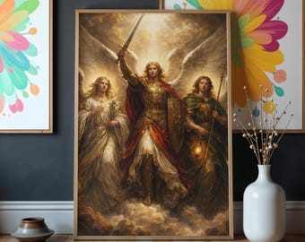 Arte digital de los tres arcángeles Miguel, Rafael y Gabriel, imprimible de ángeles cristianos, decoración bíblica de pared con ángeles, decoración espiritual para el hogar.