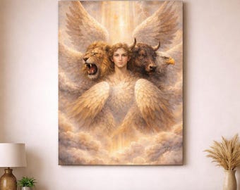 Cuadro de querubines en lienzo, decoración de hombre, león, buey y águila, arte bíblico de ángeles, decoración de pared de las cuatro criaturas vivientes
