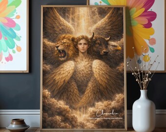 Arte mural digital de ángel querubín, imagen bíblica para imprimir, decoración cristiana espiritual para el hogar.