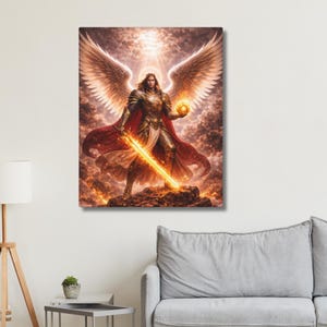 Warrior Archangel Uriel Canvas Wall Art, Angel of Wisdom and Light Decor, Christian Spiritual Home Gift