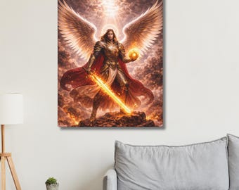 Arte mural en lienzo del Arcángel Guerrero Uriel, Ángel de la Sabiduría y la Luz, regalo espiritual cristiano para el hogar.