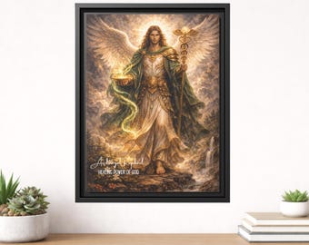 Cuadro en lienzo enmarcado del Arcángel Rafael, decoración cristiana de ángeles sanadores, decoración bíblica y espiritual para el hogar.