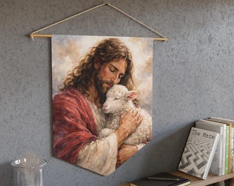 Estandarte de Jesús y el Cordero, Él dejó a los 99, Arte de pared, Adorno cristiano de pared, Decoración de fe para el hogar